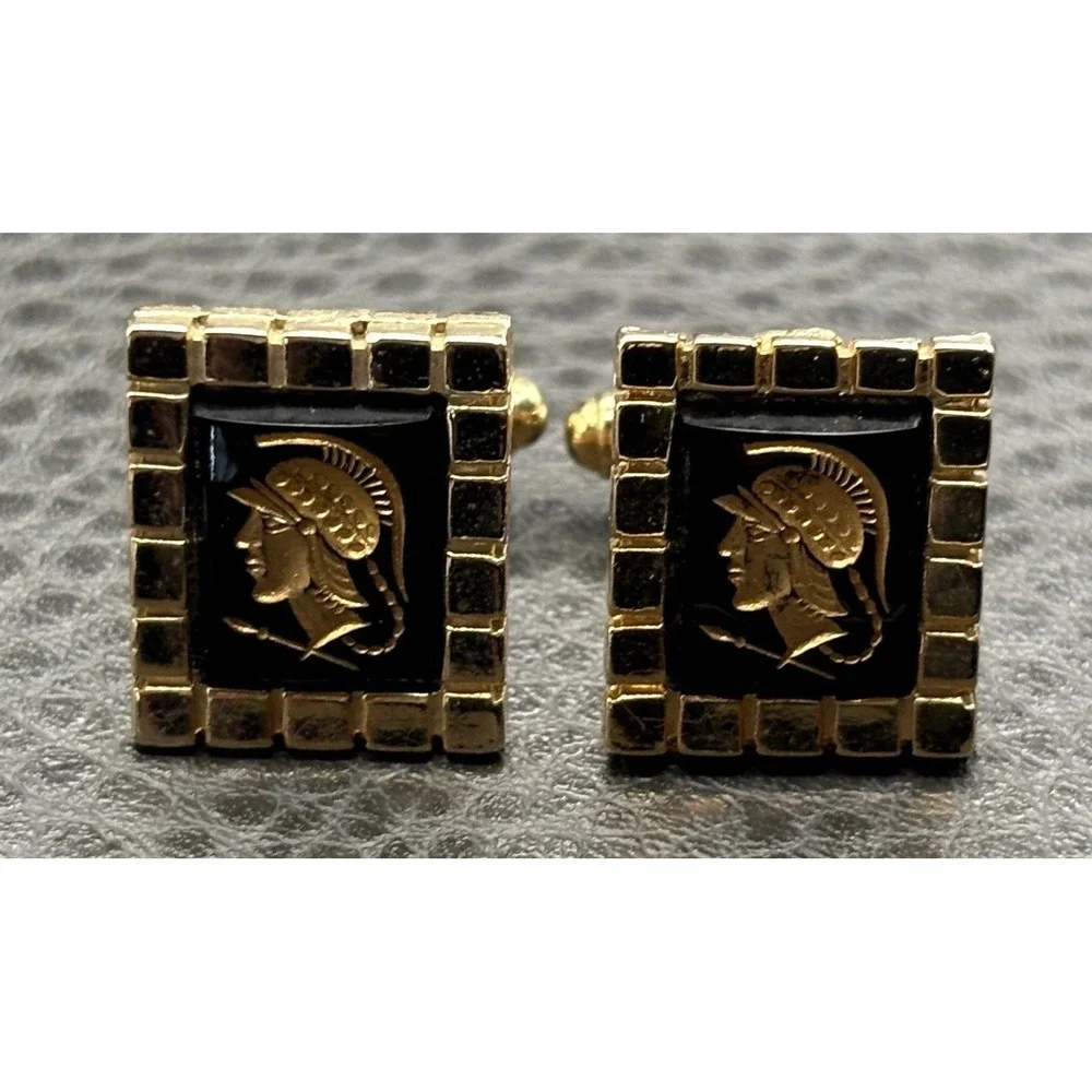 Vintage Roman Soldier Intaglio Style Gold Tone Cufflinks